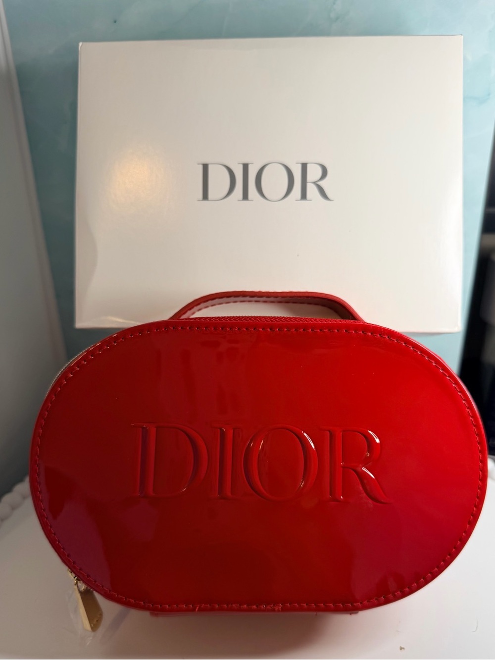 Dior Beauty Red Patent Zipped Cosmetic Pouch w/Handle GWP New in box